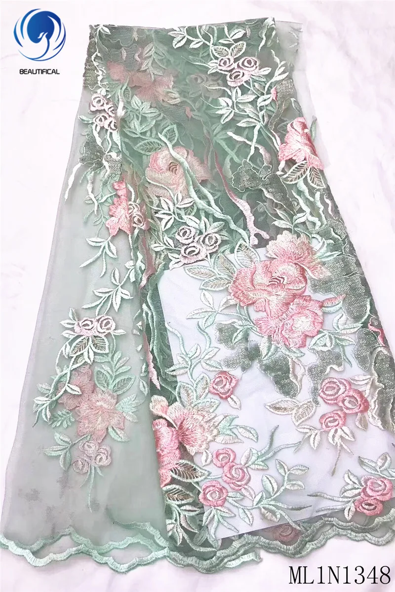 

Beautifical african lace fabrics Top sale embroidery flowers tulle lace fabric 5yards nigerian lace sequins fabric ML1N1348