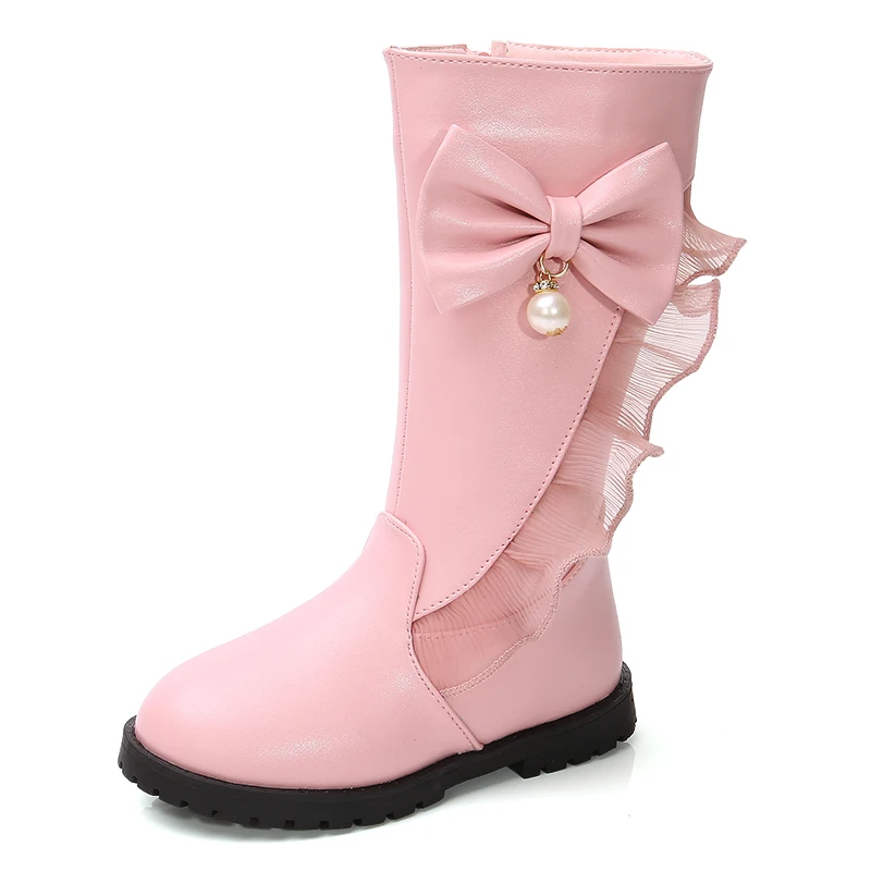 SSJ063Pink Сапоги для девочек; детские сапоги до колена с жемчугом; зимние Бархатные кожаные сапоги; зимние Ботинки Martin для маленьких девочек; SSJ063 - Цвет: SSJ063Pink
