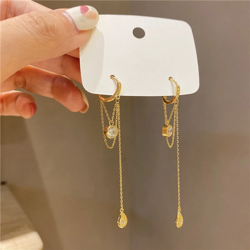 MENGJIQIAO Korean Cute Metal Circle Hoop Earrings For Women Girls Fashion Link Chain Long Tassel  Boucle d'oreille Jewelry