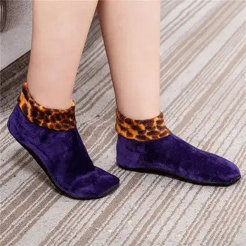 

Double Layer Women Plush Lining Thick Slippers Leopard Patchwork Floor Socks