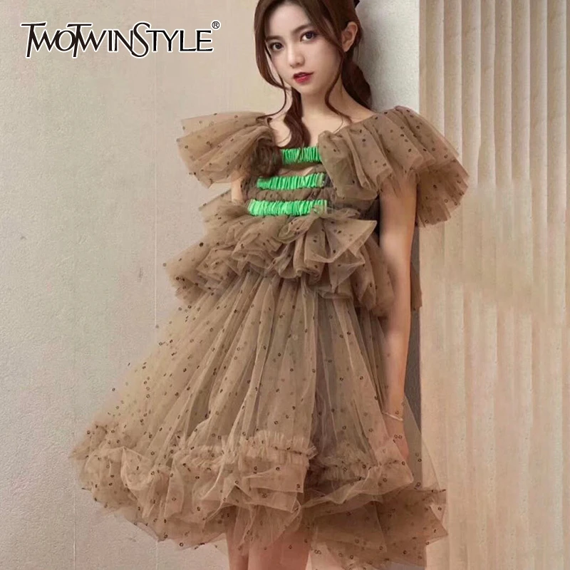 TWOTWINSTYLE Casual Mesh Women Dress Slash Neck Butterfly Short Sleeve High Waist Patchwork Ruffle Hit Color Dot Dresses Female TWOTWINSTYLE Casual Mesh Women Dress Slash Neck Butterfly Short Sleeve High Waist Patchwork Ruffle Hit Color Dot Dresses Female