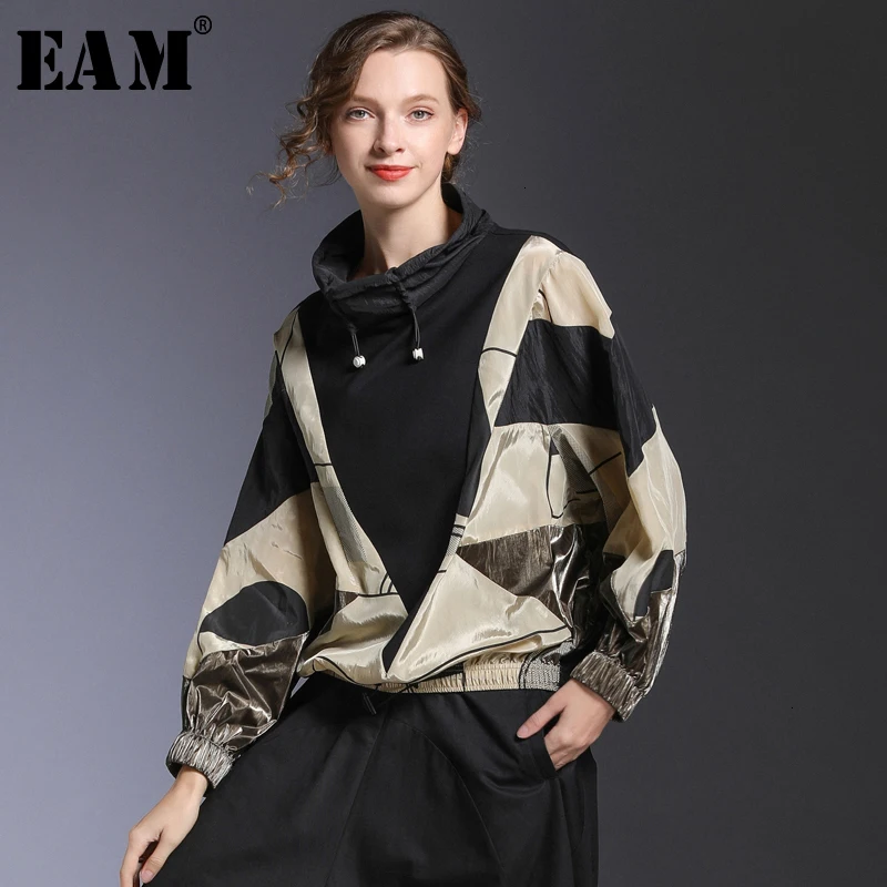 

[EAM] Loose Fit Pattern Printed Big SizeSweatshirt New Stand Collar Long Sleeve Women Big Size Fashion Autumn Winter 20191H424