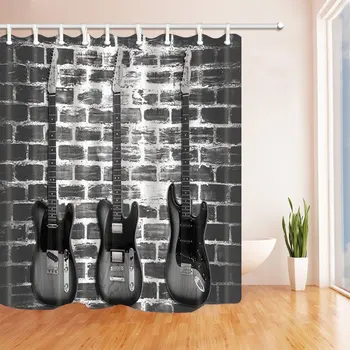 

Music Decor, Vintage Guitar on Brick Wall Shower Curtains, Polyester Fabric Waterproof Bathroom Bath Curtain, Shower Curtain