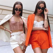 Женская спортивная одежда, набор из спандекса, повседневный Однотонный женский костюм, комплект из двух предметов, офисная одежда, пальто, топы+ шорты+ ремень# D