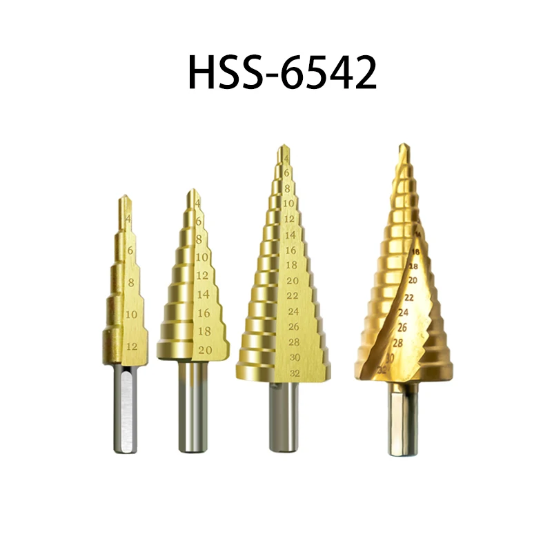 

Titanium Coated Pagoda Shape Step Drill Bit Set 4 - 12 / 20 / 32mm HSS-6542 Cone Hole Cutter Steel Woodworking Drilling Set