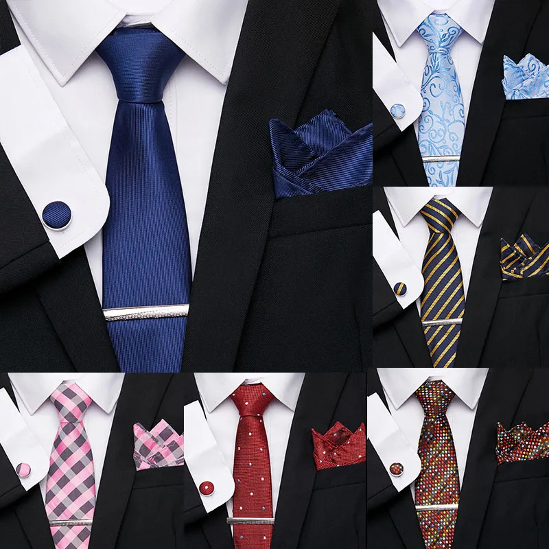 

Luxury Blue Stripe Soild Necktie 7.5cm 100% Silk Skinny Tie Clip Handkerchief Cuffink Necktie Set Corbatas Hombre Accessories