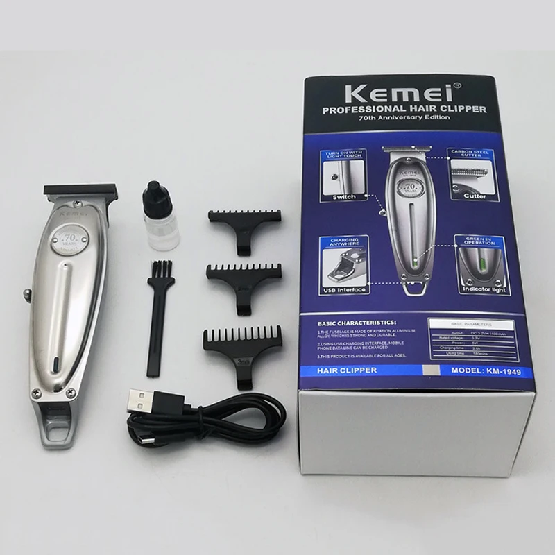 Kemei 1949 Professional Hair Clipper All Metal Men Electric Cordless Hair Trimmer 0mm Baldheaded T Blade Finish Haircut Machine