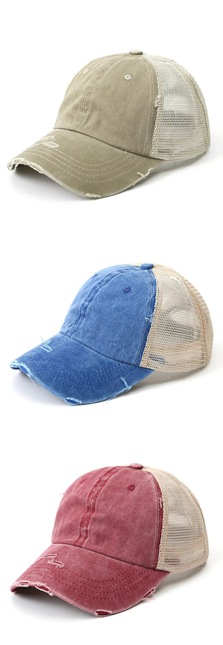 Women Summer Ponytail Baseball Cap Cottony Denim Patchwork Mesh Broken Sunhat Outdoor Sports Vintage Snapback Golf Baseball Hat custom ball caps