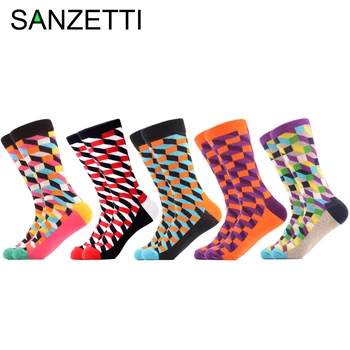 

SANZETTI 5 Pairs/Lot 2020 New Happy Men's Causal Socks Colorful Pattern Rectangle Funny Novelty Dress Socks Gift Wedding Socks