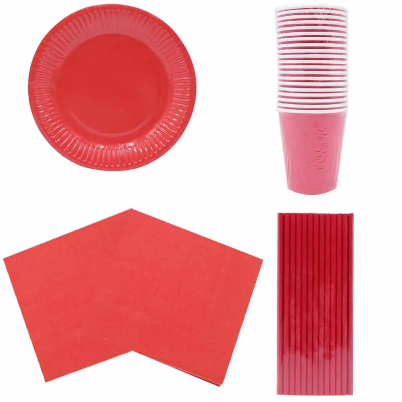 

20pcs Solid Color Paper Plate Red Paper Straws Cups Disposbale Tableware Napkins Wedding Birthday Party Supplies Christmas Decor