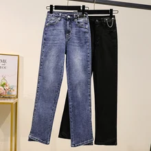 

2021 Autumn New Large Size Stretch High Waist Straight Split Nine-point Jeans Korean Casual Pants Plus Size Women Jeans
