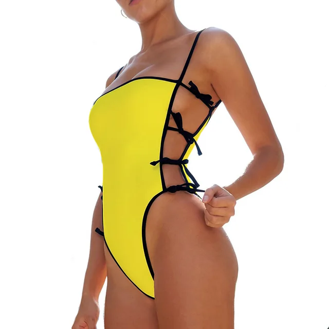US $10.98 New Sexy Neon Yellow One Piece Swimsuit Women 2019 Bandeau String Monokini High cut Swimwear female