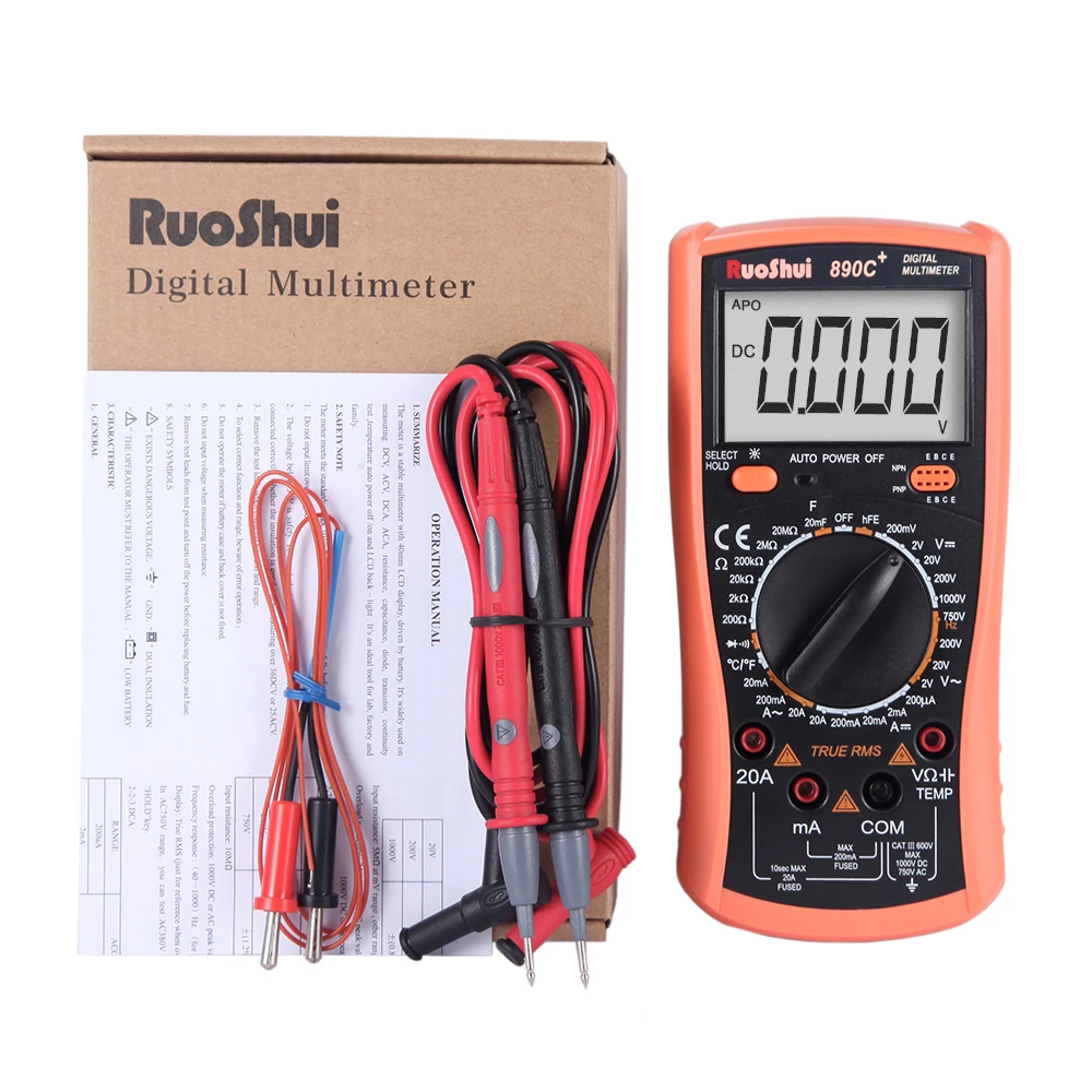 RuoShui 890C+ Цифровой мультиметр DC/AC вольтамперная электрическая Емкость Сопротивление температурный транзистор бесконтактный Тестер Напряжения ручной диапазон