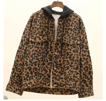 

2020 Spring New Harajuku Vintage Leopard Denim Jacket Women Fashion Loose Splice Hooded Jean Jacket Ladies Baseball Outerwear