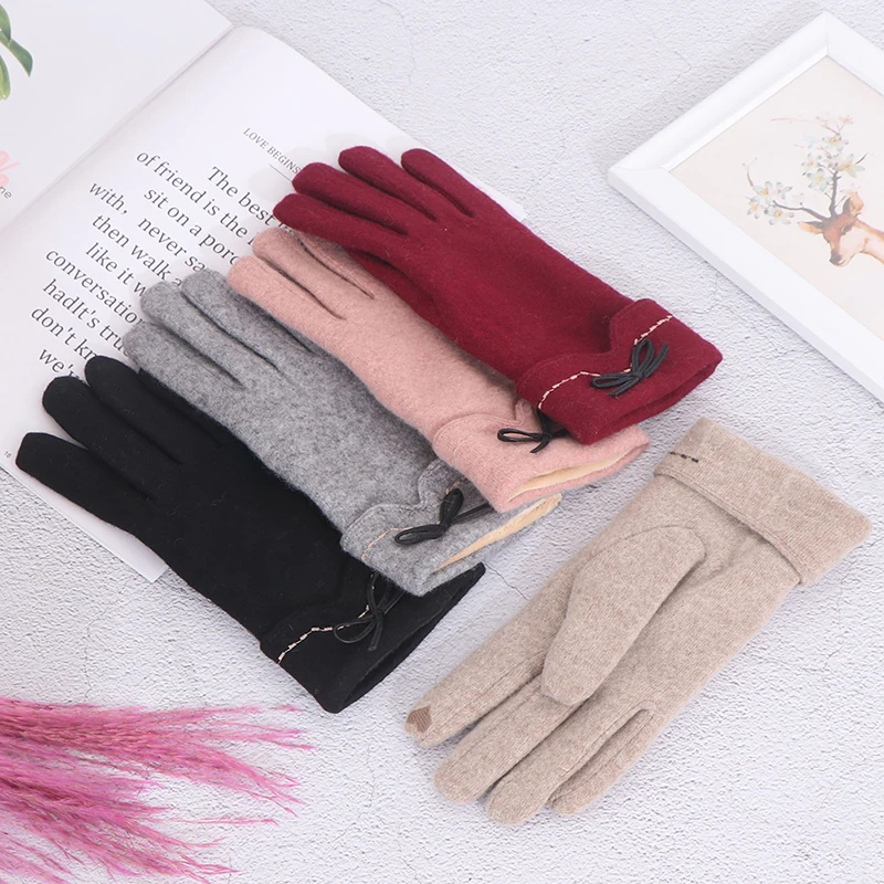 1Pair Winter Fashion Female Wool Gloves Winter Warm Cashmere Full Finger Bow Gloves