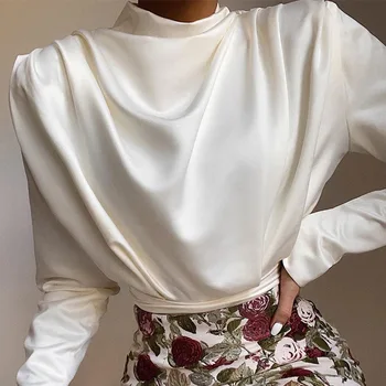 

Women's Satin Back Hollow Out Bodysuits Pleated Patchwork Mesh Briefs Female Bodysuit Spring Turtleneck Elegant Lady Romper