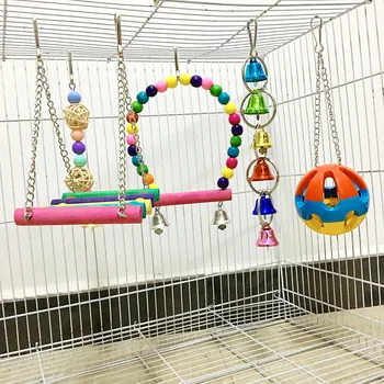 

5pcs Bird Swing Toys Set Hanging Bells Hammock Perch Chewing Ball Toy Kit Bite Climb Playthings Random Color