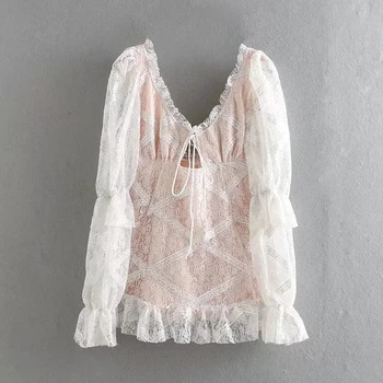 

ZA spring new women white lace V-neck full sleeve backless Gorgeous dress chic ladies sexy vintage style female dresses