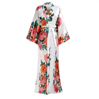 

Plus Size White Exquisite Print Flower Women Wedding Robe Kimono Gown Elegant Full Ankle-length Homewear Sleepwear Casual Pajama