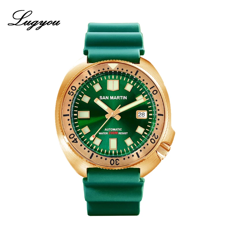 Lugyou Сан Мартин черепаха дайвер мужские часы Бронзовый автоматический NH35 керамический вращающийся ободок сапфировое стекло Фтор Резина - Цвет: Green