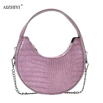 

Retro Stone Retro Stone Pattern Half Moon PU Leather Crossbody Bags For WomHandbag Women Totes Leather Chain Shoulder Hobos Bags