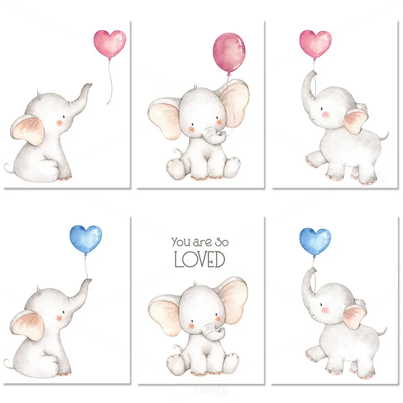 Little Elephant with Balloon Canvas Paintings in The Bedroom Kids