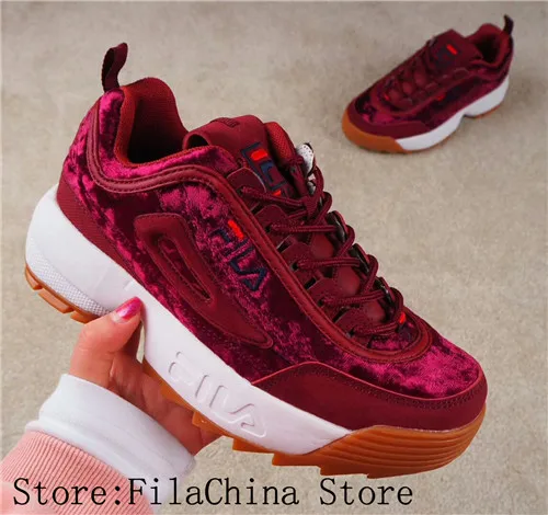 

Original FILA Disruptor II 2 Large teeth thick bottom high legs jogging shoes Claret swans velvet tricolor limited size36-41