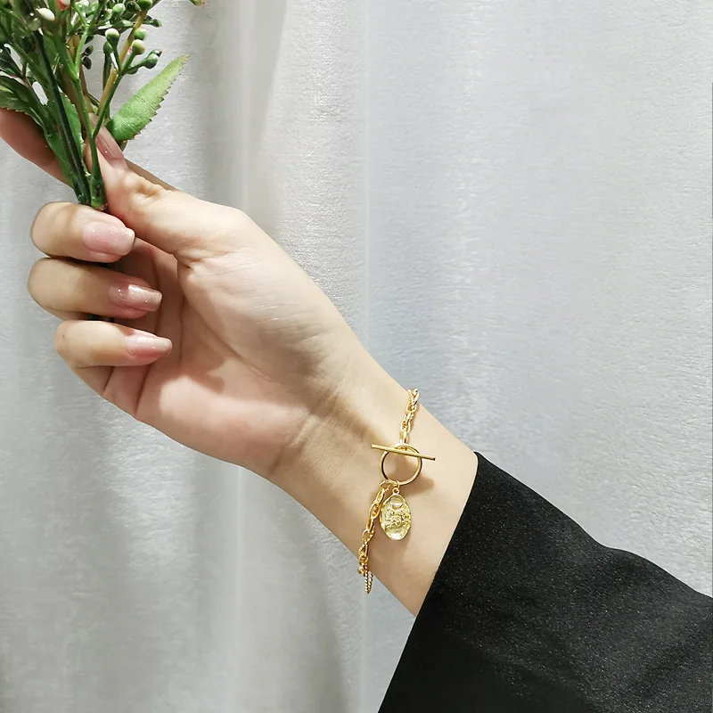 

Leouerry 925 Sterling Silver Portrait Pendant Bracelets Korean Style Double Layer Chain Bracelets for Women Minimalist Jewelry