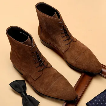 

2019 Suede Man Martins Boots Handmade Formal Shoes Genuine Leather High-Top Men's Cowboy Riding Chelsea Ankle Boots