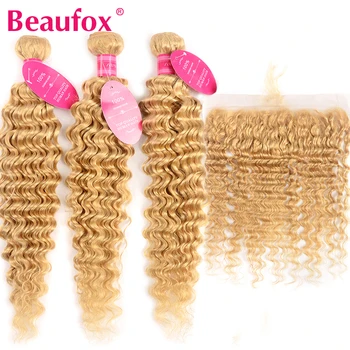 

Beaufox 613 Honey Blonde Bundles With Frontal Closure Malaysian Deep Wave Bundles With Frontal Remy Human Hair With Closure