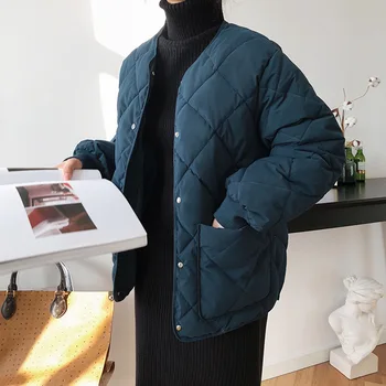 

2020 WOMEN Diamond Lattice Crew Neck Cotton Coat Women Short INS Style Korean -style Loose Winter Down Feather Cotton Overcoat