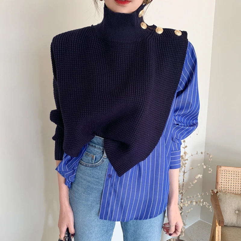 Ewq Chemise Deux Pieces A Col Haut Pour Femme Pull Chic Coreen Avec Coutures Et Boutons Lateraux Raye Manches A Bulles Bleu Automne 2021 Aliexpress