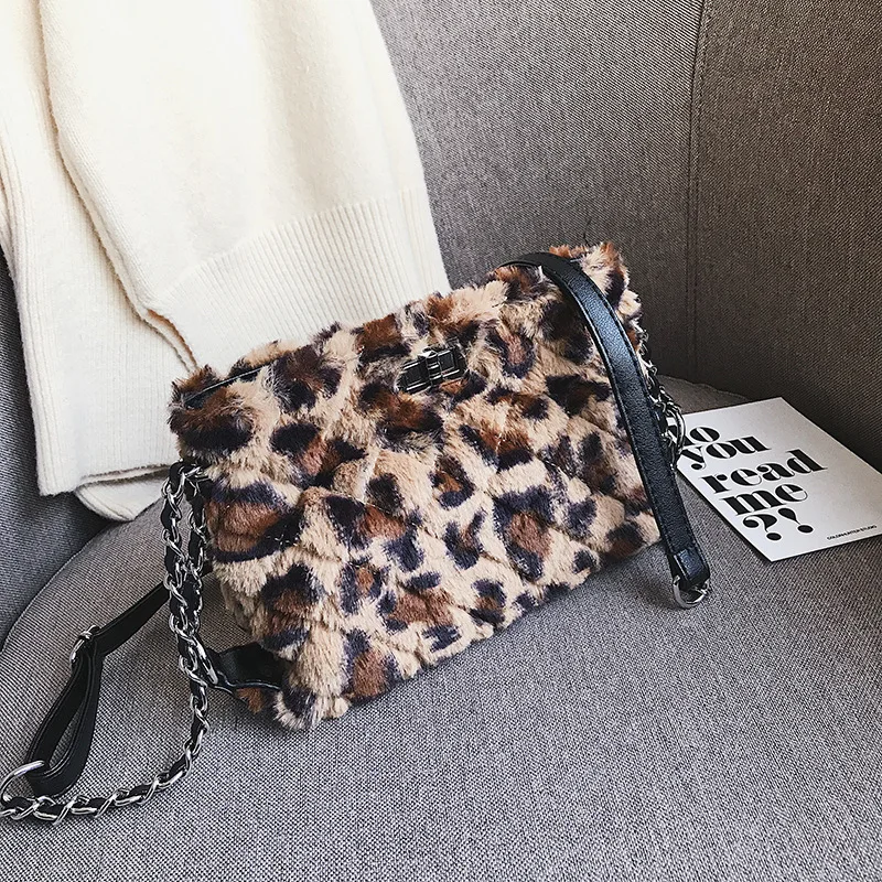 

2019 New Style Leopord Pattern Plush Square Sling Bag Lock Shoulder Oblique WOMEN'S Bag