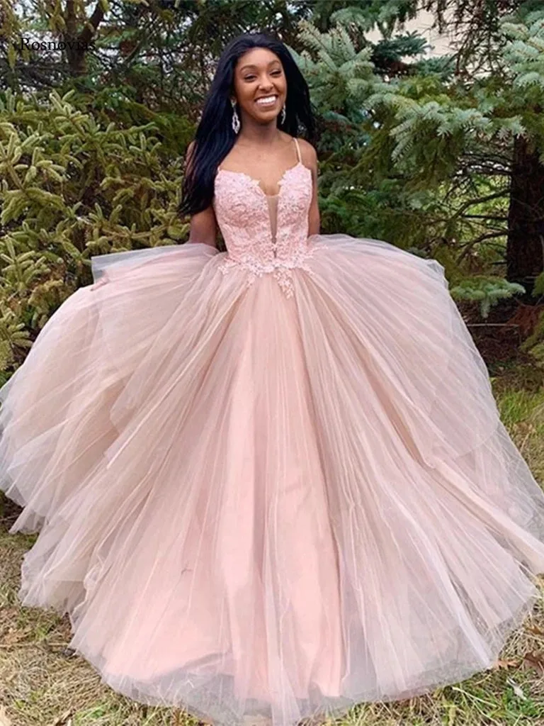 

Blush Long Prom Dresses Women 2020 Appliques Lace-up Back Spaghetti Tulle Evening Party Ball Gowns Vestidos De Fiesta De Noche