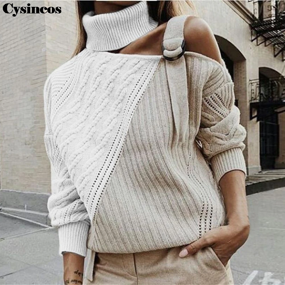 Women Long Sleeve Patchwork Turtleneck Sweater Sexy Off Shoulder Buckle Knitted Pullover Jumper Tops Pull Knitwear Autumn Winter | Женская