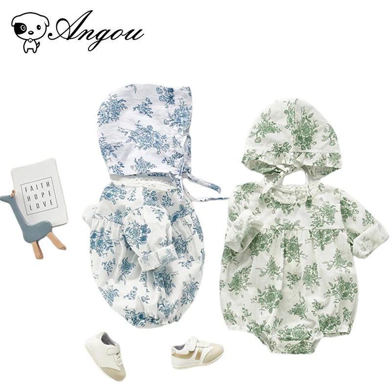 

Angou Autumn New Baby Girl Clothing Baby Long Sleeves One piece Baby Girl Floral Newborn Out Crawling Romper Clothes With a Hat