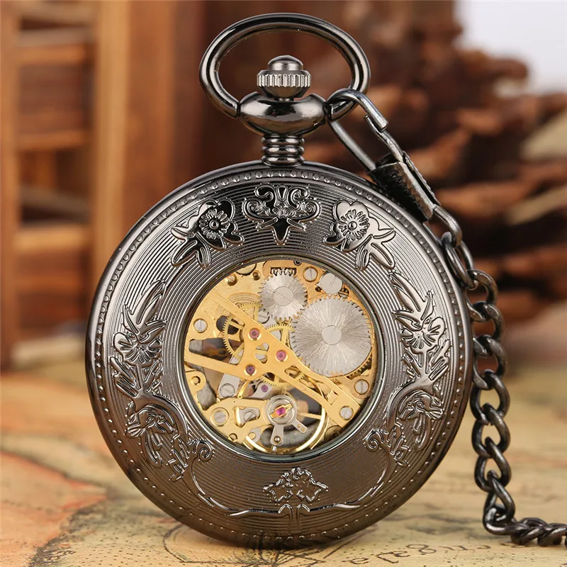 Retro Hollow Cranes Men Women Hand-winding Mechanical Pocket Watch Manual Skeleton Clock Roman Numbers Watches Pendant Chain