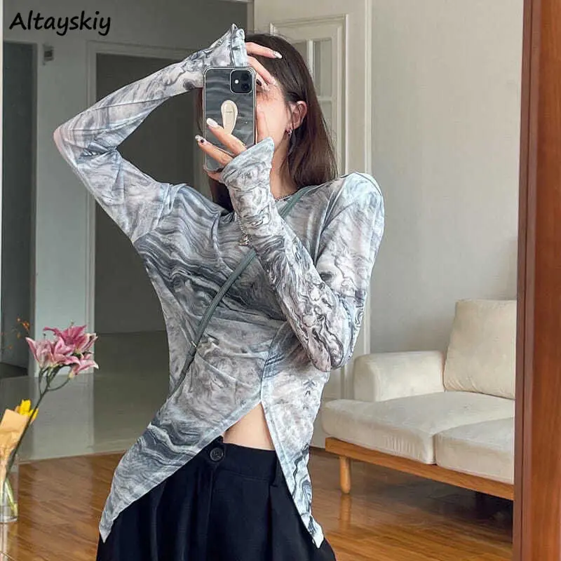 Long Sleeve T-shirts Women Tie Dye Side Split Designer Hipster High Street Cool Girls Tops Tees Aesthetic Vintage Popular Mujer | Женская