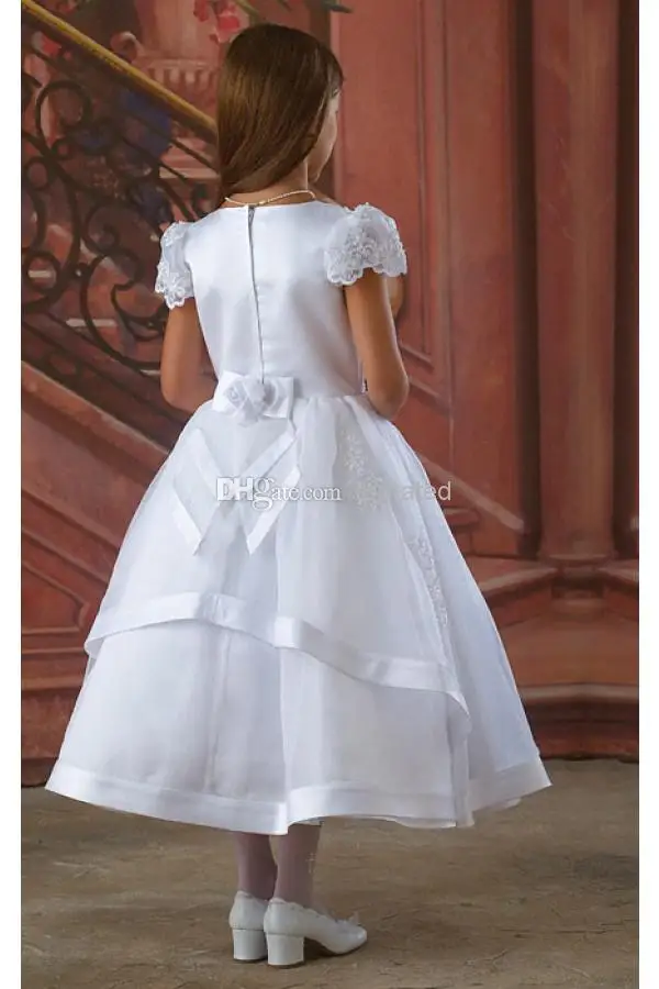 

2019 White First Communion Dress Flower Girls' Dresses for Wedding With A-Line Capped Short Sleeve Bow Sash Appliques Lace Beads