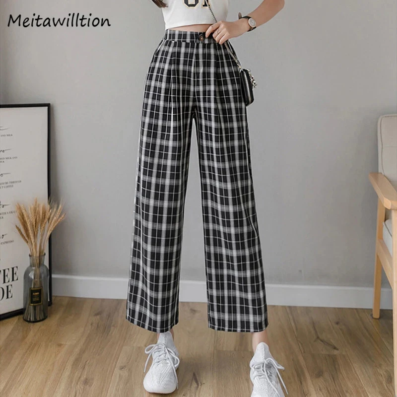 Pantalones holgados con cintura elástica para mujer, pantalón Vintage a cuadros, coreano, Harajuku, de cintura alta, informales, Retro, de pierna ancha, 2021