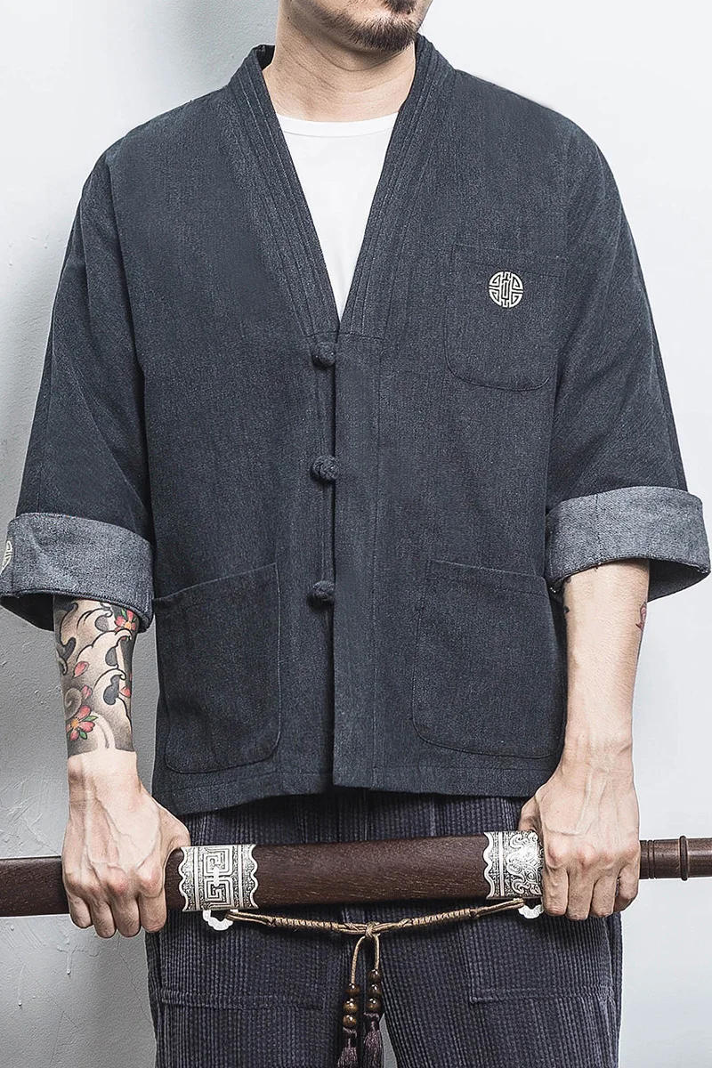 Mens Denim Shirts Summer Men Casual Cardigan Male Chinese Style Shirt Three Quarter Streetwear Open Stitch Shirts Men Dress