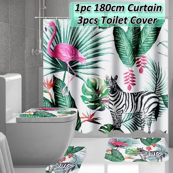 

1 Set 4Pcs Home Decor Toilet Bathroom Rug + Lid Toilet Cover + Bath Mat & Mildew-proof Waterproof Shower Curtains 50*80cm