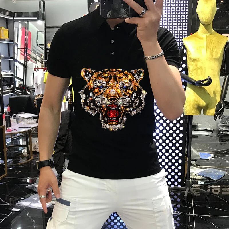 Luxury Shirt Polo Refined Elasticity Men's Lapel Gradient Tiger Head Rhinestone Short-Sleeved New Design Style Bottoming | Мужская