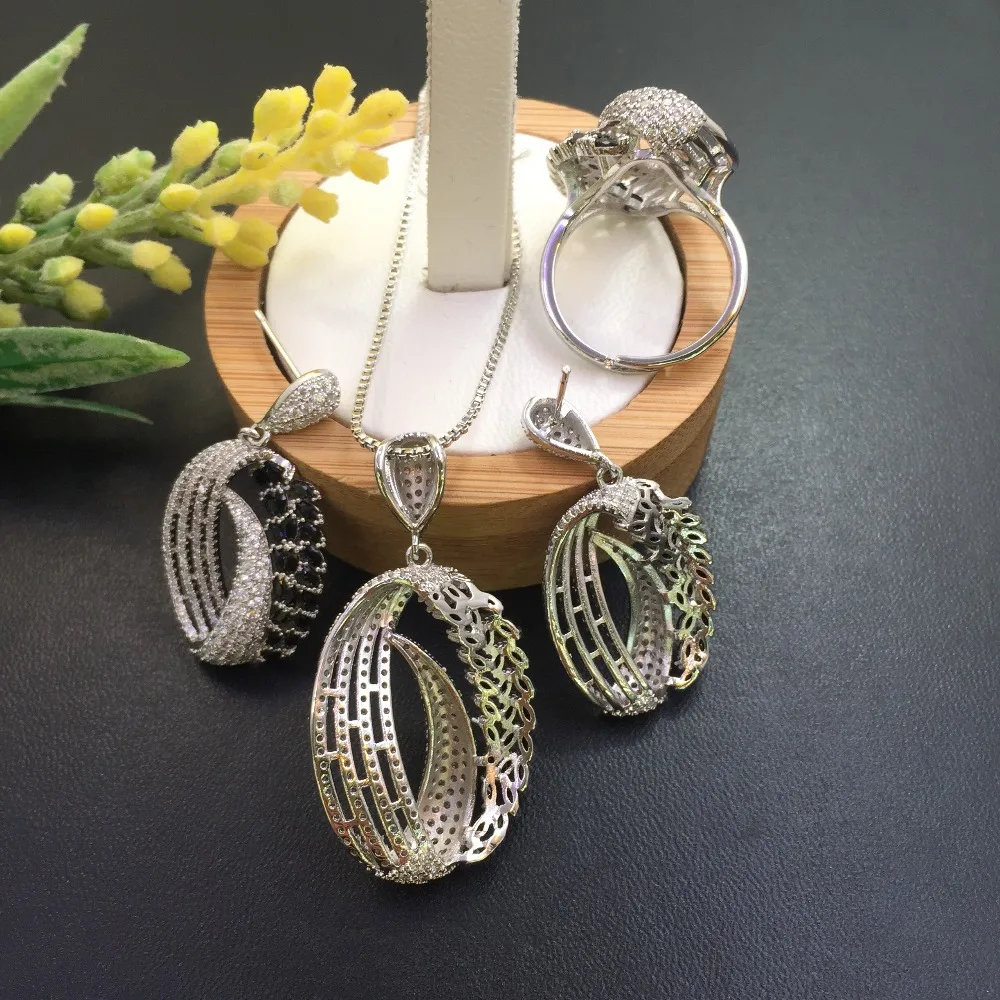 Lanyika ювелирные изделия Olivary цвета циркон ожерелье с серьги и кольцо кубического циркония микро проложить для вечерние подарок невесты