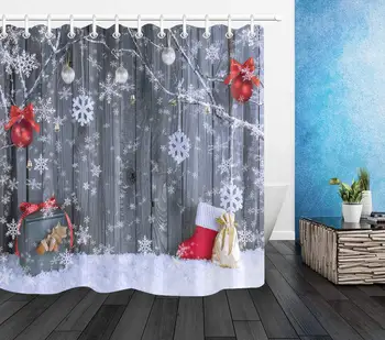 

Christmas Ornaments Shower Curtain Snowflakes Hang on Branch with Xmas Decorations Balls Gifts on Grey Board Christmas Wood