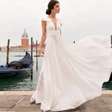Fashion Wedding Dress A-Line Deep V-Neck Sashes Bow Chiffon Mild Sleeveless Bridal Gowns with Zipper Sweep Train Robe De Mariée