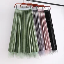 Осенне-зимняя Гибкая эластичная юбка миди с высокой талией, бархатная Тюлевая юбка для женщин, женские винтажные юбки, зеленый, черный, серый, saias