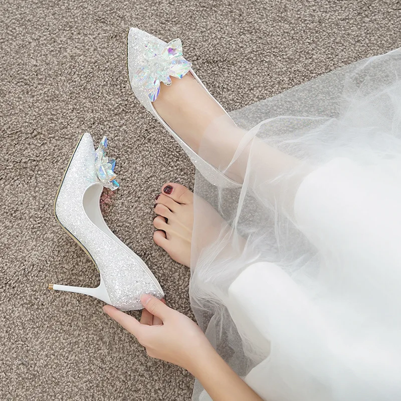 

Large sizeWome Shoes Wedding Shoes New Crystal Shoes Stiletto High Heel Single Shoes Rhinestone Sequins White Wedding Shoes34-43