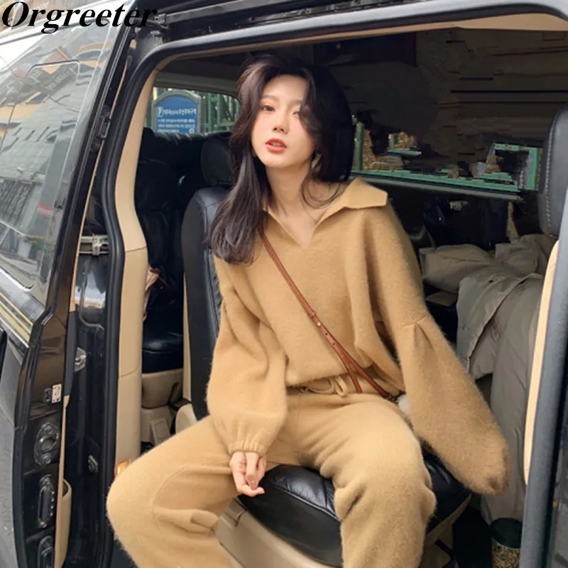 Womans 2 piece Imitation mink cashmere Sweater Set Fall Winter Knitted Tracksuit Lapel Puff Sleeve Loose Jumper Tops + Pants |