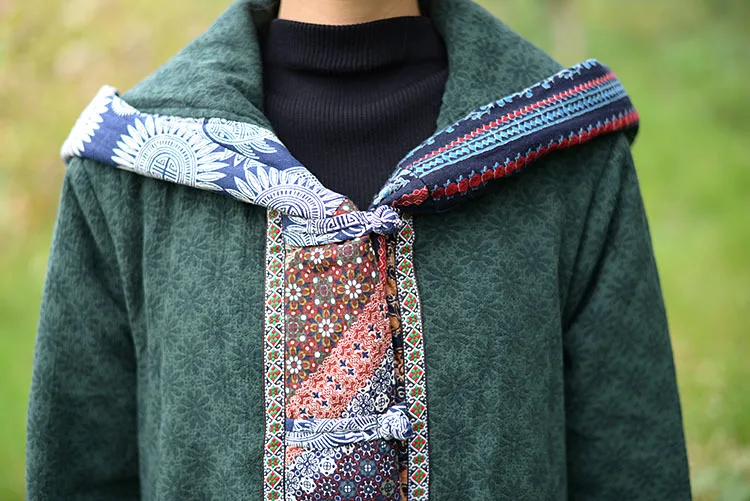 

New Style Winter Flax Thick Warm Hooded Patchwork X-long Ethnic-Style Cotton-padded Clothes Cotton Coat Cotton-padded Jacket